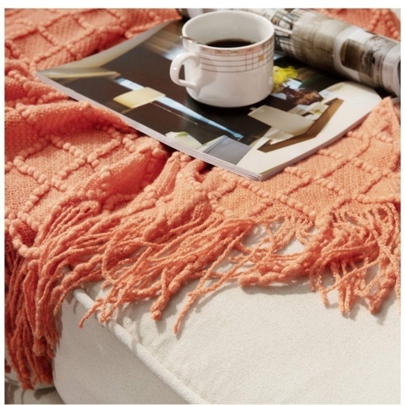 Orange/Coral Bohemian Tassel Knit Throw Cozy Fringe Patterned Farmhouse Blanket - Picture 3 of 16